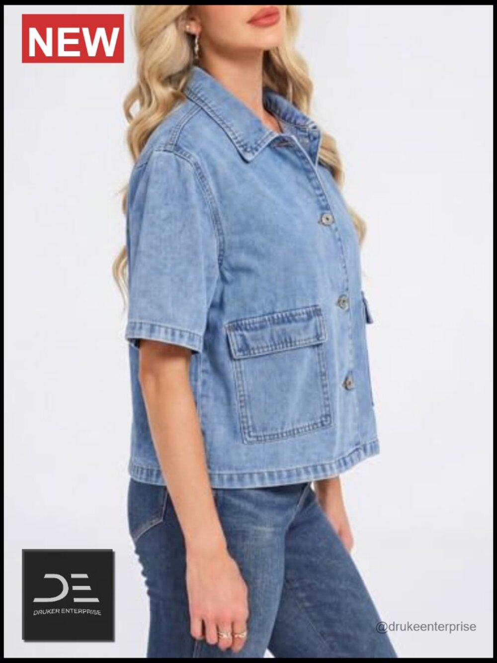 Crop Denim Jacket Short Sleeve Boxy Fit Collared Jean Top with Pockets - Picture 2 of 6